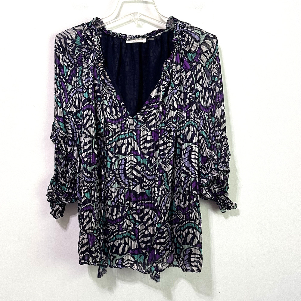 Ramy Brook NY Top M? Purple Floral Atlyn Ruffle Sleeve Tie V Neck Popover FLAW
